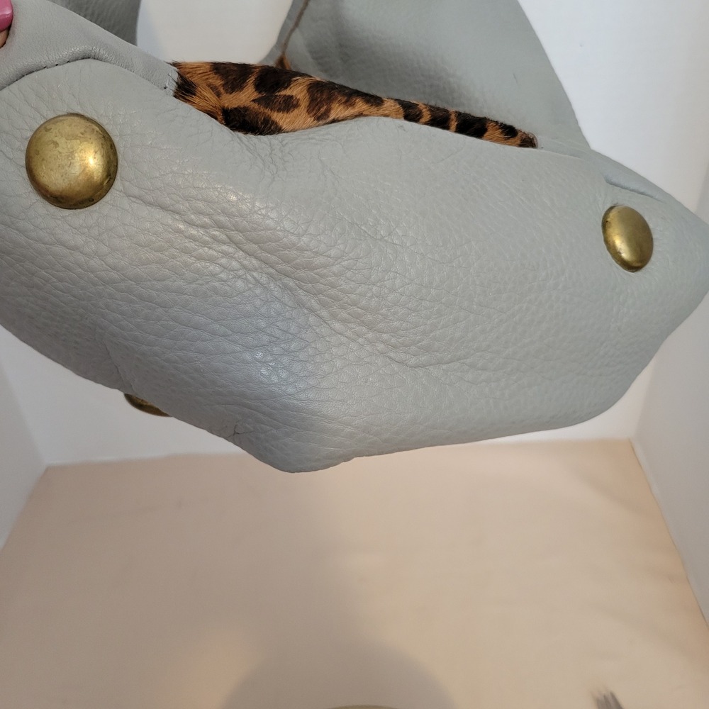 Romag Grey Pebbled Leather Leopard Calf Hair Hobo Bag Gold Hardware - Picture 6 of 16